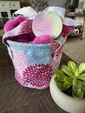 Canvas Floral Pink & Blue Fabric Gift Basket - Gift Ready! - New!